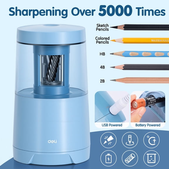 Deli Electric Pencil Sharpener, Heavy Duty Helical Blade,USB or 4 AA Battery Powered, Fits 6.9mm–8mm Pencils for Office, Home, Studio，Blue
