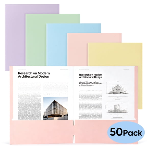 Deli Two Pocket Paper Folders, 50 Pack Letter Size, Assorted Colors (10 Each of 5 Colors), Durable File Folders with Inner Pockets