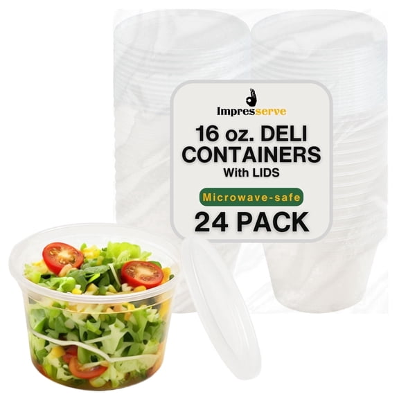 Impresserve 16 oz Food Storage Containers with Lids, Plastic Deli Containers, Leak-Resistant, Microwave and Freezer Safe, Clear, 24 Count