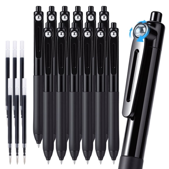 Deli Retractable Gel Ink Pens,12 Count Smooth Writing Pens with 6 Extra Refills,0.7mm Medium Point Quick Dry Black Ink Pens for Office, Meetings, Planning and Everyday Use