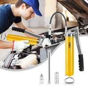 Deli Grease Gun, 4500 PSI Heavy Duty Pistol Grip Grease Gun Set with 14 oz Load, 10 Inch Spring Flex Hose,1 Fixed Tube and 2 Nozzles , Yellow