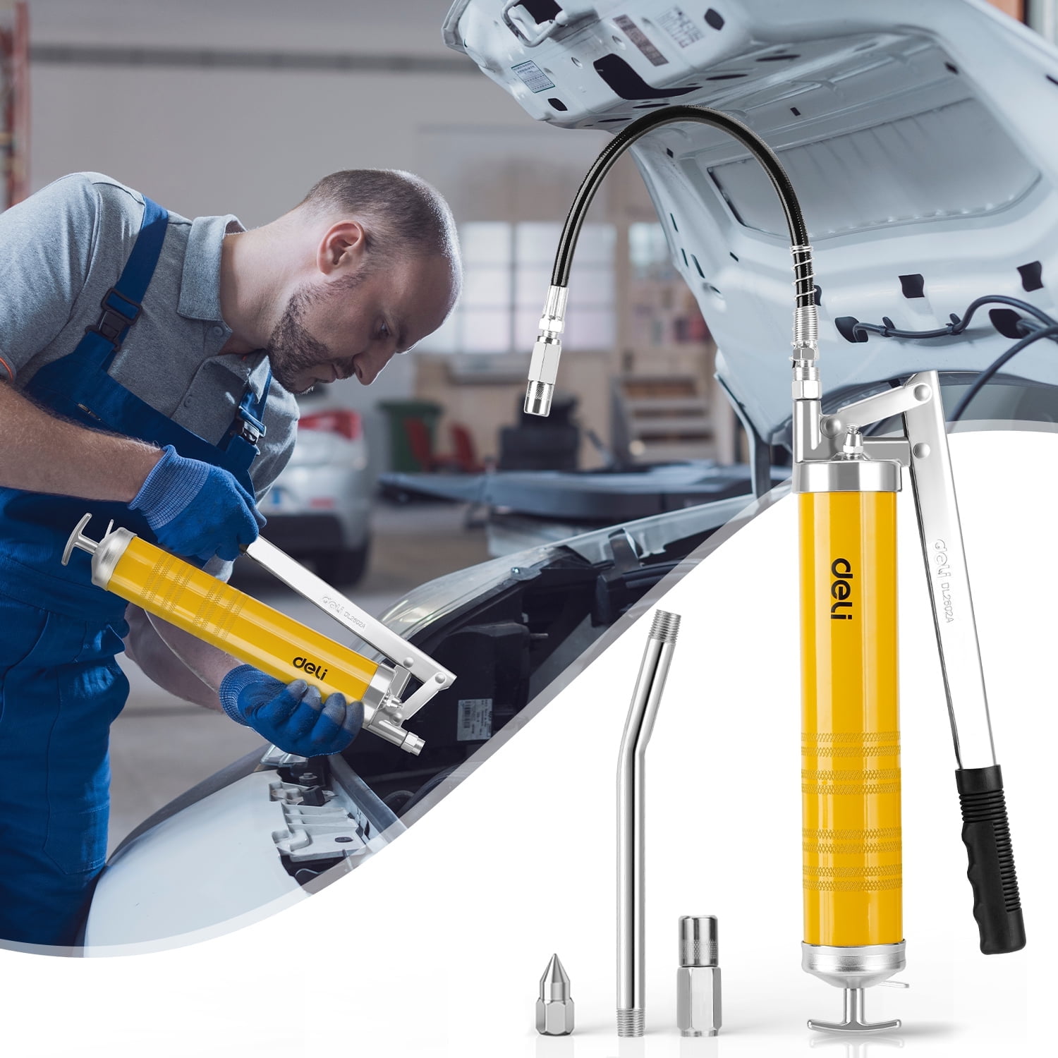Deli Grease Gun, 8000 PSI Heavy Duty Pistol Grip Grease Gun Set with 14 oz Load, 18 Inch Spring Flex Hose, 2 Working Coupler, 1 Fixed Tube and 2 Nozzles , Yellow