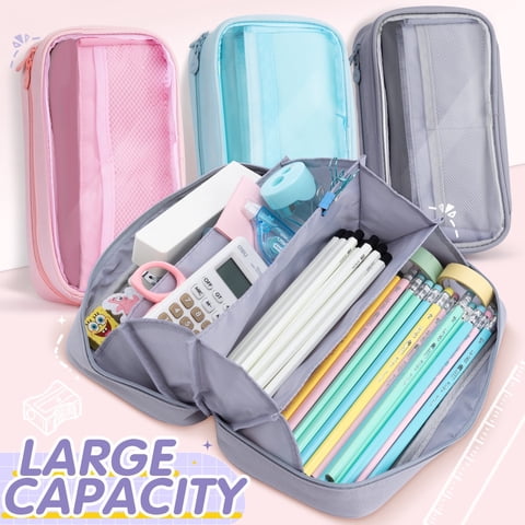 Deli Pencil Case for Kids,Large Capacity Foldable Pencil Pouch with 4 Compartments, School Supplies Organizer Bag for Students, Teens and Office Use,Grey