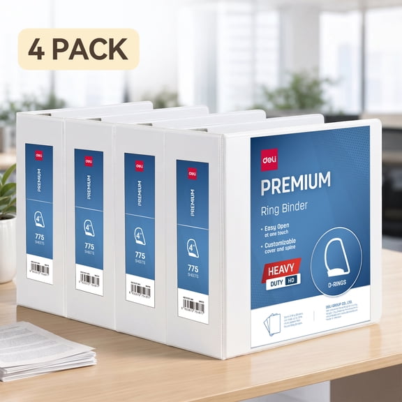 Deli 4 Inch View Binder 4 Pack, 3 Ring D-Binder Holds Up to 750 Sheets with Interior Pockets, Letter Size Document Organizer