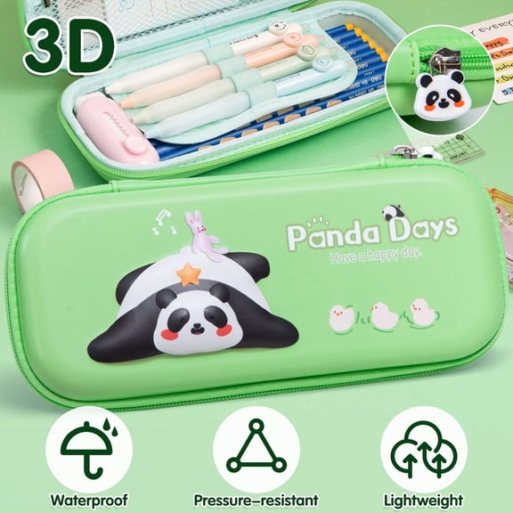 Deli Large Panda Pencil Case with Zipper, Hard Case, Large Capacity, 9.5"x4", Green
