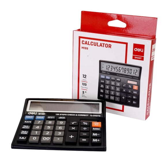 Deli M199 12-digit Display Calculator | 3 Years Warranty | Steps Check And Correct Desktop Calculator & Tax Keys - Black