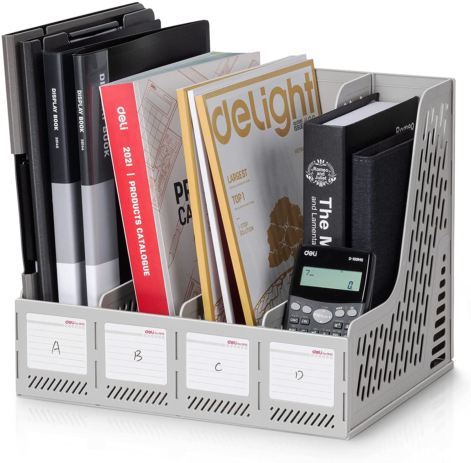 Deli Magazine File Book Holder, 4 Compartments, Plastic