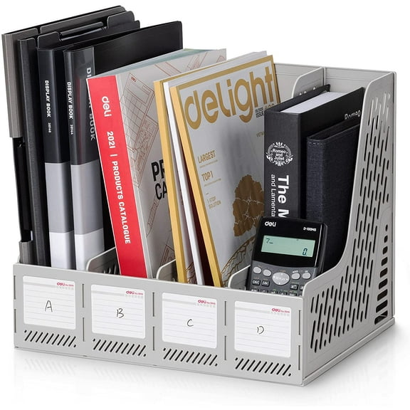 Deli Magazine File Book Holder Desktop Organizer , 4 Compartments, Plastic, Gray