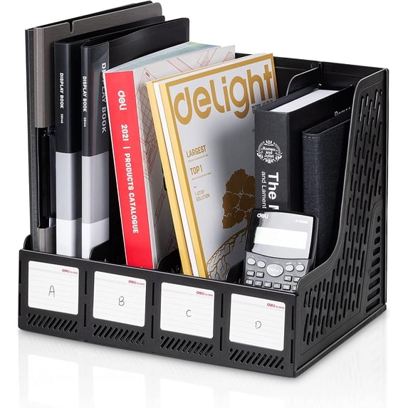 Deli Magazine File Book Holder Desktop Organizer, 4 Compartments, Plastics, Black