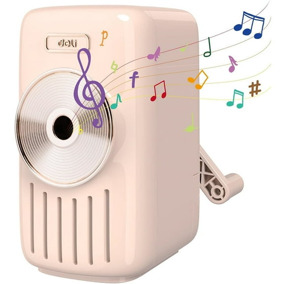 Deli Manual Pencil Sharpener, Music Themed Pencil Sharpener with Adjustable Point and Auto-in Design for Pencils and Colored Pencils, Auto-Feed Hand Crank Pencil Sharpener, Pink