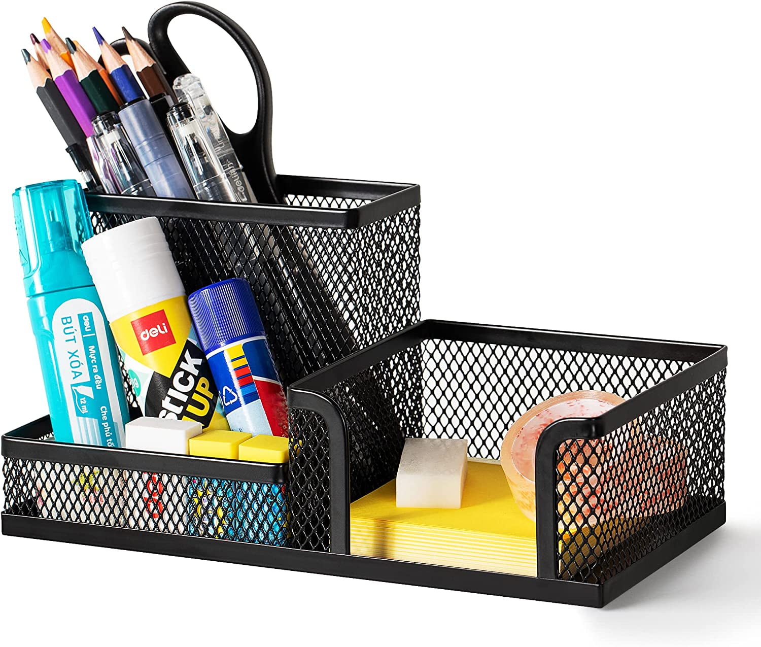 Deli Mesh Desk Organizer Office Supplies with Pencil Holder and Storage  Baskets, 3 Compartments, Black