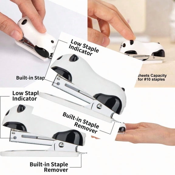 Deli Mini Cute Panda Desktop Stapler Office Stapler 12 Sheet Capacity Includes Built-in Staple Remover 1000PCS No.10 Staples