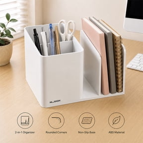 NUSIGN 2-in-1 Desk Organizer with Pen Holder, Desktop Storage Organizer for Pens, Notebooks, Sticky Notes and Office Supplies,White