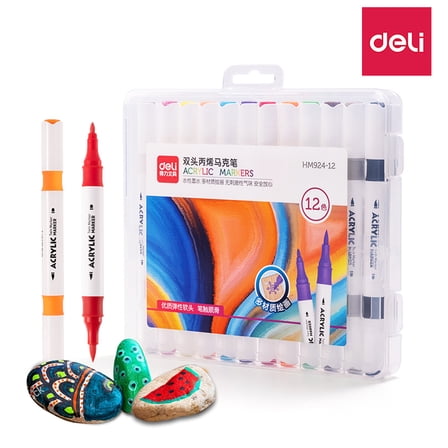Deli Paint Markers Dual Tip Quick Drying Acrylic Marker Pens Paint Pens Set for Wood, Rock, Canvas, 12 Colors