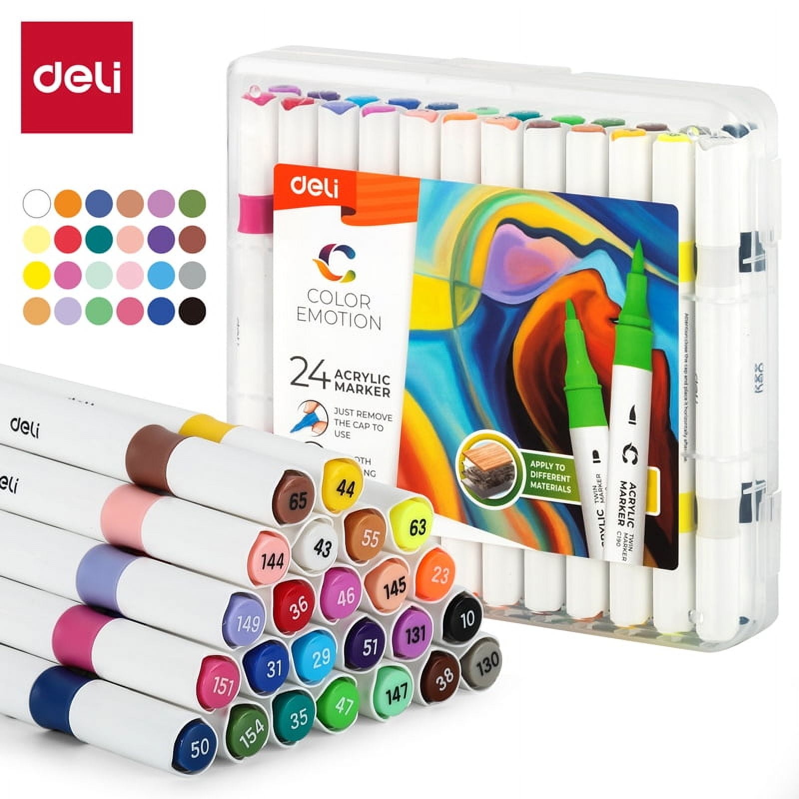 Deli Paint Markers Dual Tip Quick Drying Acrylic Marker Pens Paint Pens for Wood, Rock, Canvas, 24 Colors