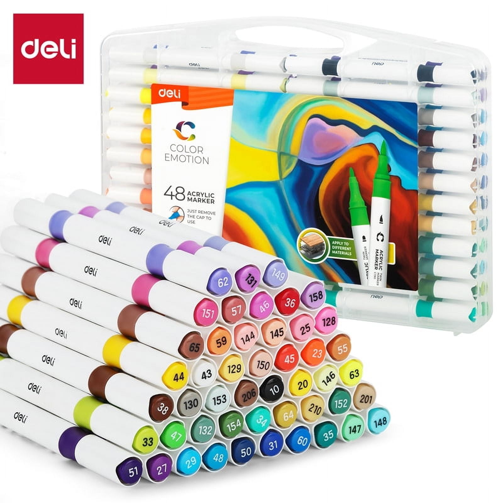 Deli Paint Markers Dual Tip Quick Drying Acrylic Marker Pens Paint Pens for Wood, Rock, Canvas, 48 Colors