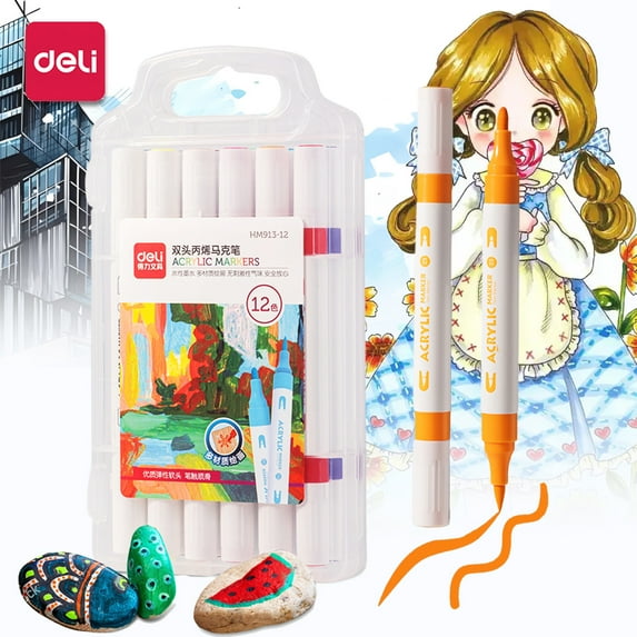 Deli Paint Markers Dual Tip Quick Drying Acrylic Marker Pens Paint Pens for Wood, Rock, Canvas, 12 Count