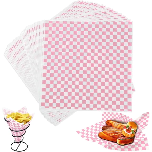 Deli Paper Sheets 12x12", Pink Checkered Sandwich Wrapping Paper for Party 100 Sheets, Resistant Food Basket Liners, Waxed Deli Paper