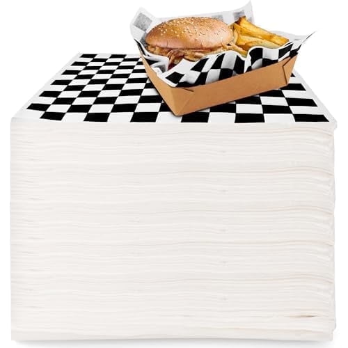Deli Paper Sheets (500 Count) 12-Inch Black Checkered Square Sandwich Wrapping Paper Grease Resistant Perfect for Concession Stand, Carnival, Party, Fast Food, Cheese, Basket Liner and Food Packaging