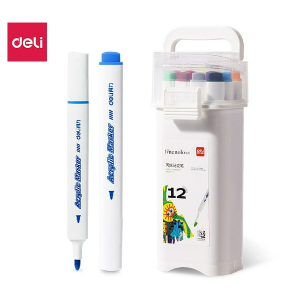 Deli Quick Drying Acrylic Paint Markers Paint Pens Set for Wood, Rock, Canvas, Pens,12 Colors