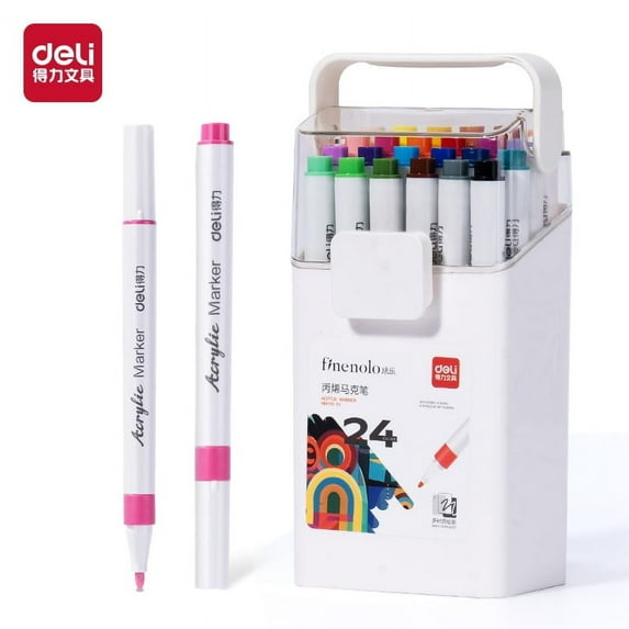 Deli Quick Drying Acrylic Paint Markers Paint Pens Set for Wood, Rock, Canvas, Pens,T-shirt,24 Colors