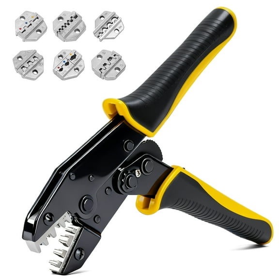 Deli 6PCS Crimping Tool Set, Ratchet Wire Crimping Tool for Heat Shrink, Insulated Nylon, Non-Insulated, Ferrule Wire End, Open Barrel Terminals, with 5 PCS Crimping Die for Ferrule Terminals