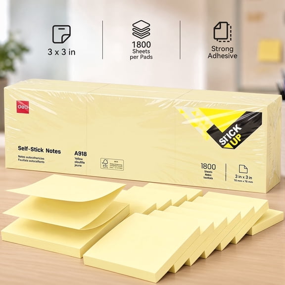 Deli 18 Pack Sticky Note, 3 x 3 Inch 1800 Sheets Self-Stick Memo Paper for To Do Lists, Reminders and Office Supplies