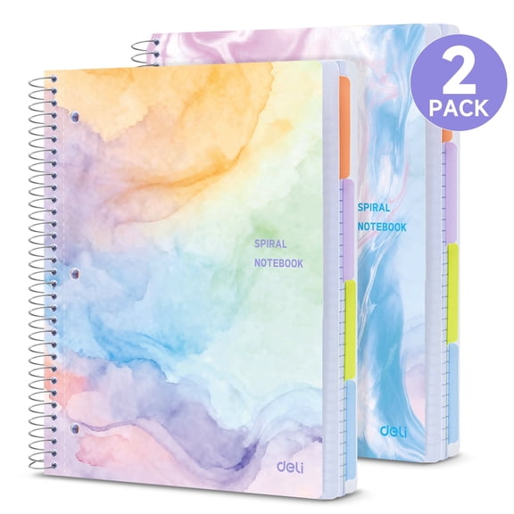 Deli 5 Subject Spiral Notebook,8.5" x 11" ,College Ruled, 200 Sheets, Hardcover with Dividers & Tabs,2 Pack