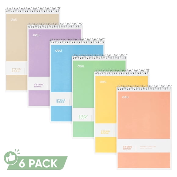Deli Top Spiral Steno Pad, Gregg Ruled Paper, 60 Sheets,Assorted Color, 6 Count
