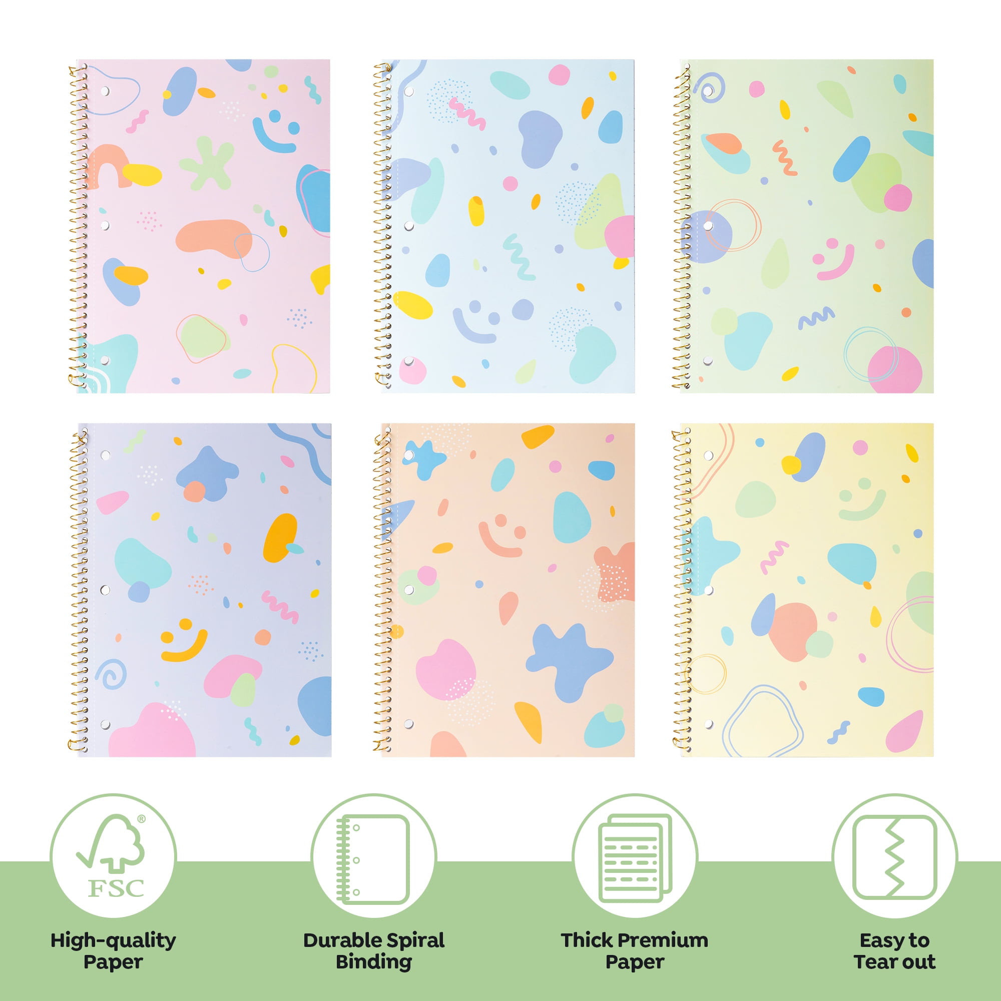 Deli Spiral Notebooks, 6 Pack Composition Books, 1-Subject, Wide Ruled Paper, 8" x 10-1/2", 70 Sheets, Assorted Pastel Colors