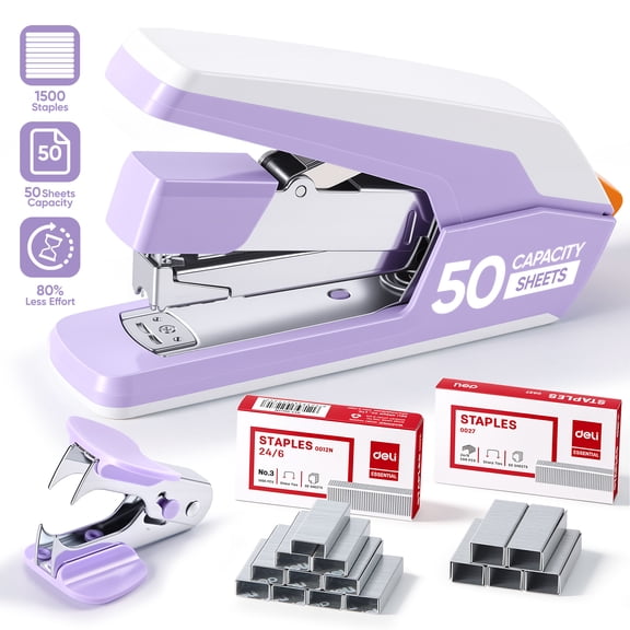 Deli Effortless Stapler,Desktop Stapler with Staple Remover and 1500 Staples, 50 Sheets Capacity,One-Finger Technology, Purple