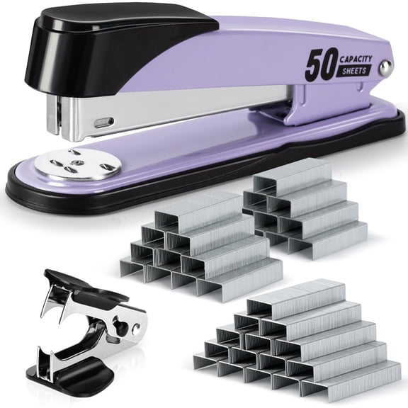 Ouxumoll Deli Heavy Duty Desk Stapler, 50 Sheet Capacity, No Jam, Non-Slip, 2000 Staples and Staple Remover, Purple