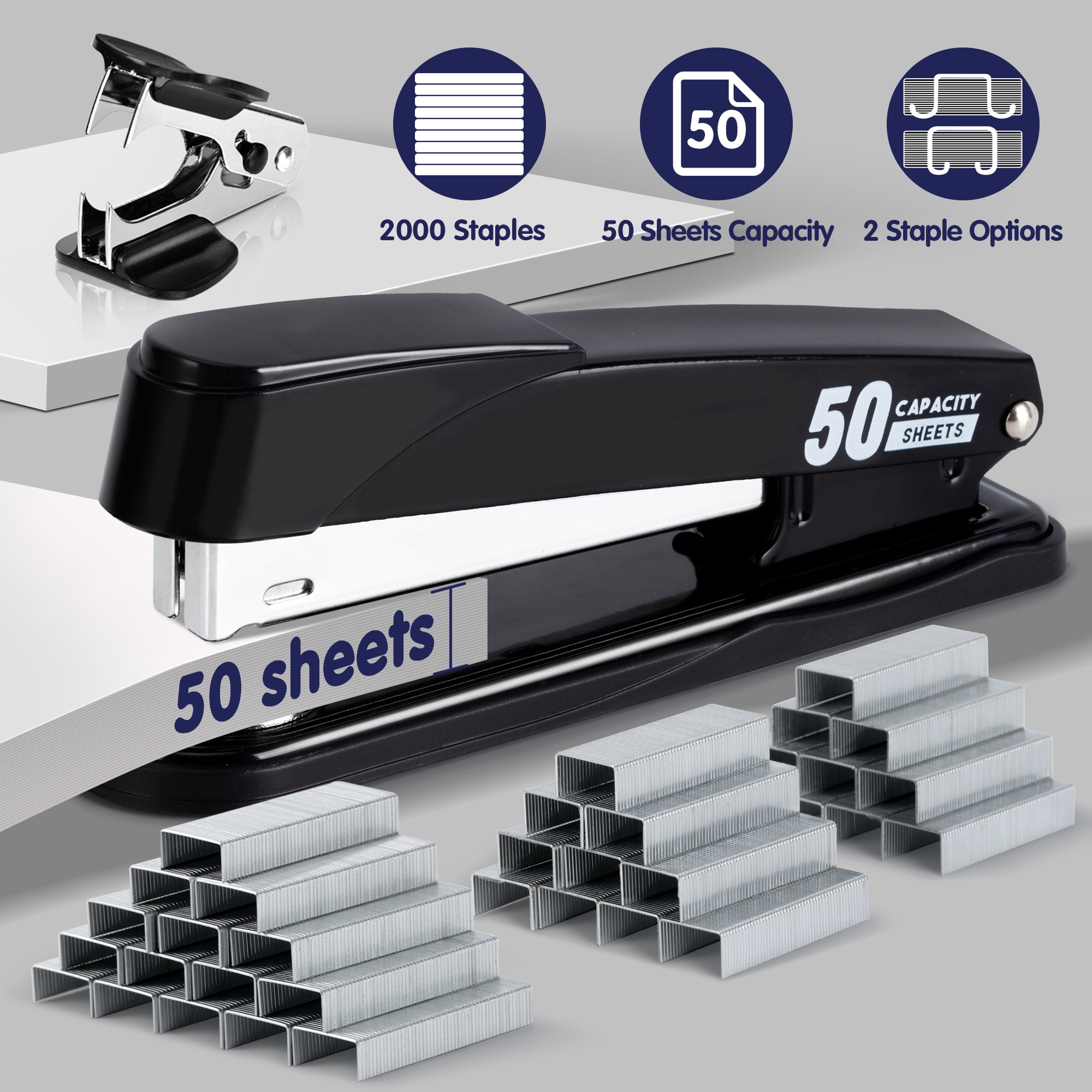 Deli Stapler Heavy Duty, 50 Sheet Capacity, Full Strip Staplers for Desk with 2000 Staples and Staple Remover, No Jam, Non-Slip Office Stapler with Staples for Office, Black