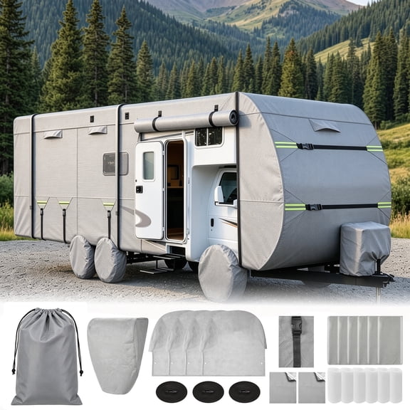 Deli Travel Trailer RV Cover 24-27FT, Heavy Duty 6-Layer Waterproof Camper Cover, UV Resistant, Windproof with Adjustable Straps, Repair Patches, Gutter Spout Covers, Tongue Jack Cover & Storage Bag