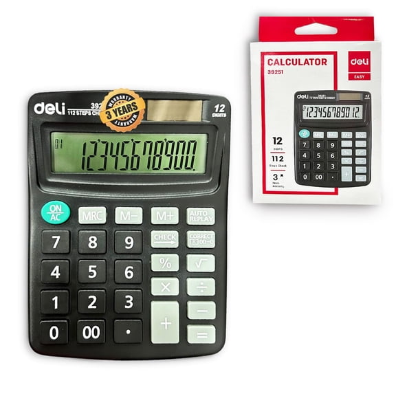 Deli W39251 Calculator 12-digit display | 3 Years Warranty | Steps Check and Correct Function | Palm Calculator for Students - Black