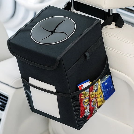 Deli Car Trash Can with Lid, 3 Gallon/11.5L Leak-Proof Trash Bin Car Garbage Can with Mesh Pockets,Waterproof Collapsible Car Organizer Hanging for Back/Front Seat/Console