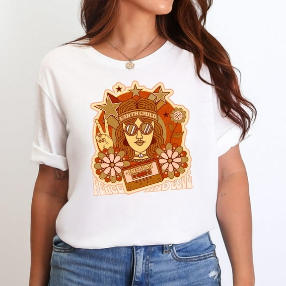 DeliFri 60s 70s Groovy Earth Child Shirt, Free Spirit Hippie Girl Tee, Peace and Love Retro T-Shirt, Flower Power Cassette Top, Boho Festival Tee