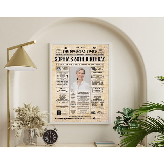 DeliFri 60th Birthday Newspaper Poster, Back in 1966 Sign, Editable Vintage Birthday Newspaper