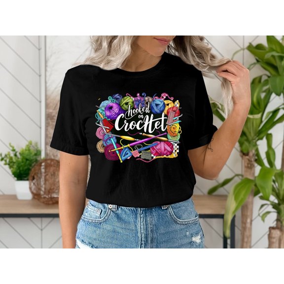 DeliFri Colorful Hooked on Crochet T-Shirt, Crafting Tee, Yarn Lovers Gift, Crochet Enthusiast Casual Top, Unisex Hobby Shirt