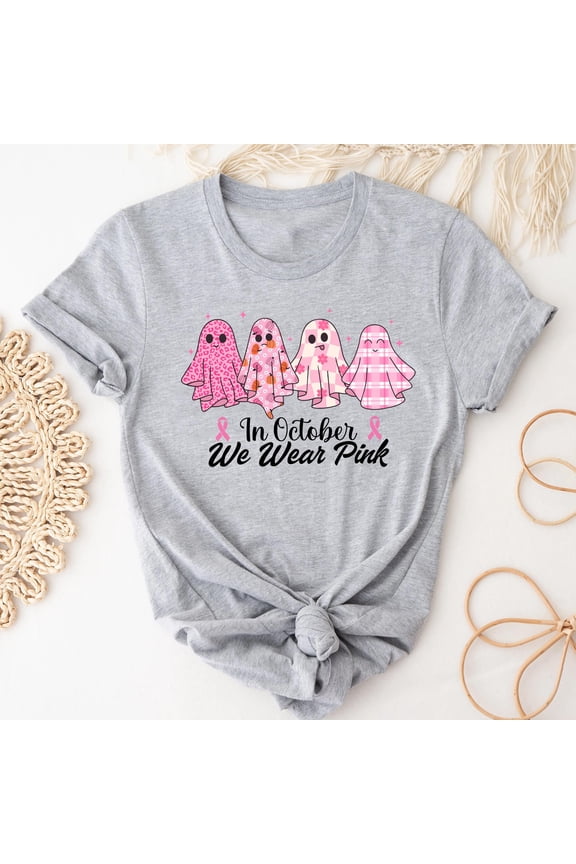 Cute Ghosts In October We Wear Pink Shirt, Halloween Pink Ghost Tshirt, Breast Cancer Support Squad Shirt, Breast Cancer Ribbon Shirts