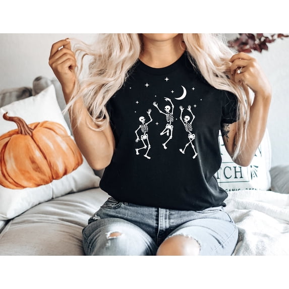 DeliFri Dancing Shirt Skeletons Happy Halloween Tshirt Halloween Shirt Tee Shirt T-shirt Oversized Tee Shirt