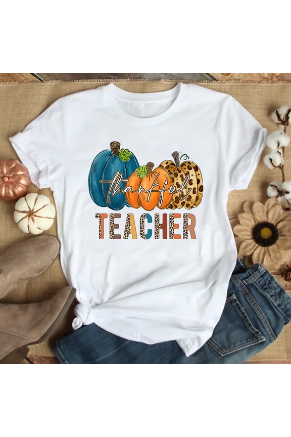 Fall Teacher T-Shirt, Thankful Teacher Shirts, Leopard Pumpkin Print Fall Shirts, Thanksgiving Teacher Gift, Teacher Appreciation