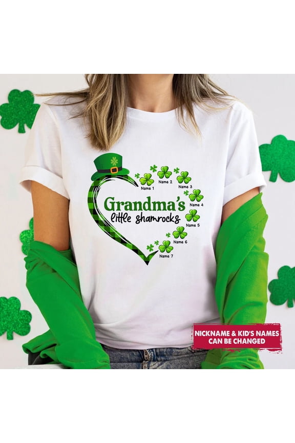 Grandma's Little Shamrocks Personalized T-Shirt, St. Patrick's Day Gifts for Grandma Nana Mimi Gigi, Custom Nana T-Shirt with Grandkids Names