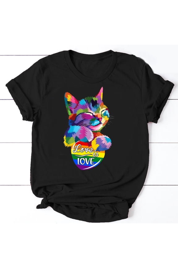 Love Is Love Colorful Cat LGBT Pride Come Out Kitten Tshirt