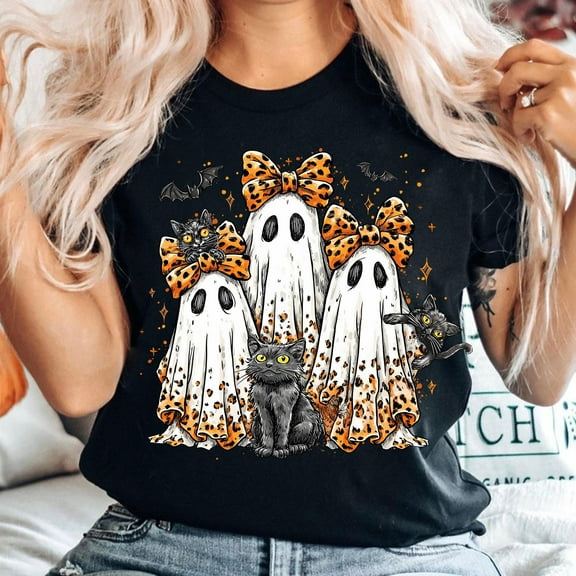 DeliFri Retro Halloween Ghost And Cat T-Shirt, Preppy Ghost Boo T-Shirt, Leopard Spooky T-Shirt, Leopard Ghost T-Shirt, Fall T-Shirt, Trendy Halloween T-Shirt