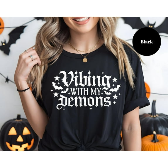 DeliFri Vibing With My Demons Shirt Gothic Halloween Graphic Tee Spooky Vibe Mood Shirt Edgy Aesthetic Style Bat Quote Shirt for Women or Teens