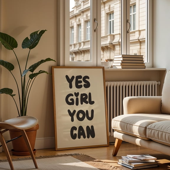 DeliFri Yes Girl You Can, Quote Print, Typography Wall Art, Affirmation Poster, Girl Power, Female Empowerment, Black