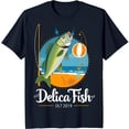 thumbnail image 1 of Delica Fish Cartoon Graphic T-Shirt Black Tee with Jumping Fish & Design OLT 2019, 1 of 5