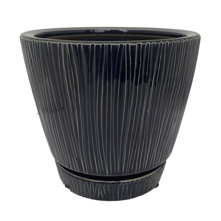 Delica-Loom Ceramic Pot with Attached Saucer - 6" x 5.25" - Dark Denim