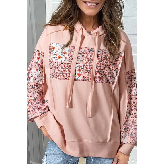Delicacy Mix Floral Patchwork Side Slit Drawstring Hoodie